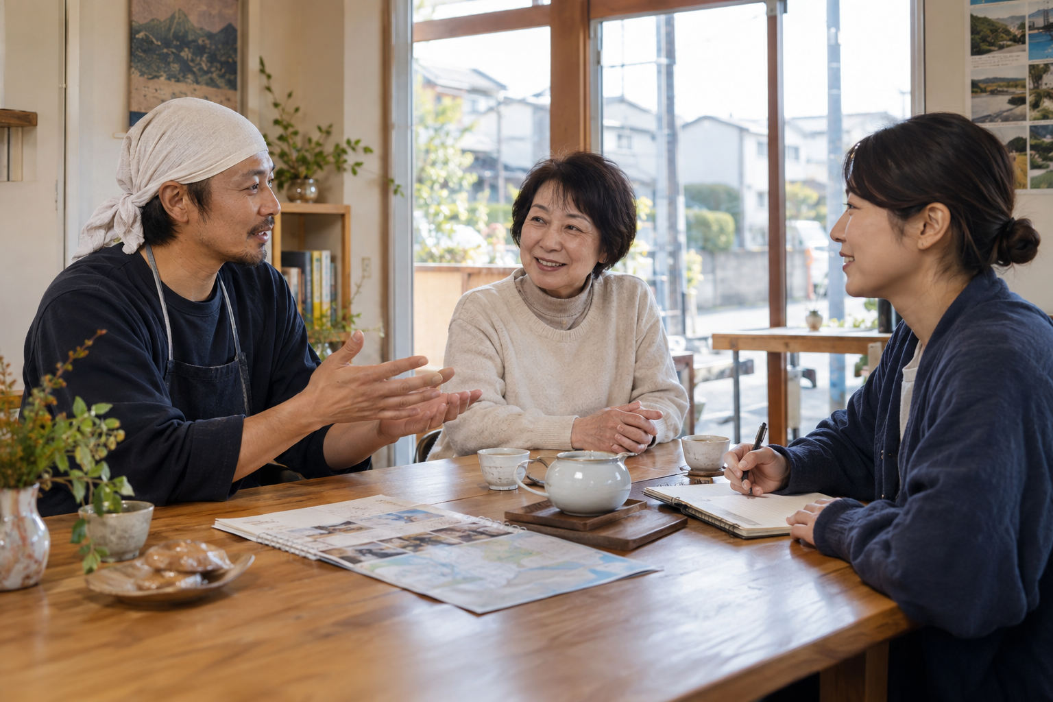 地域の小さな集まりで人々がテーブルを囲みアイデアを共有している様子