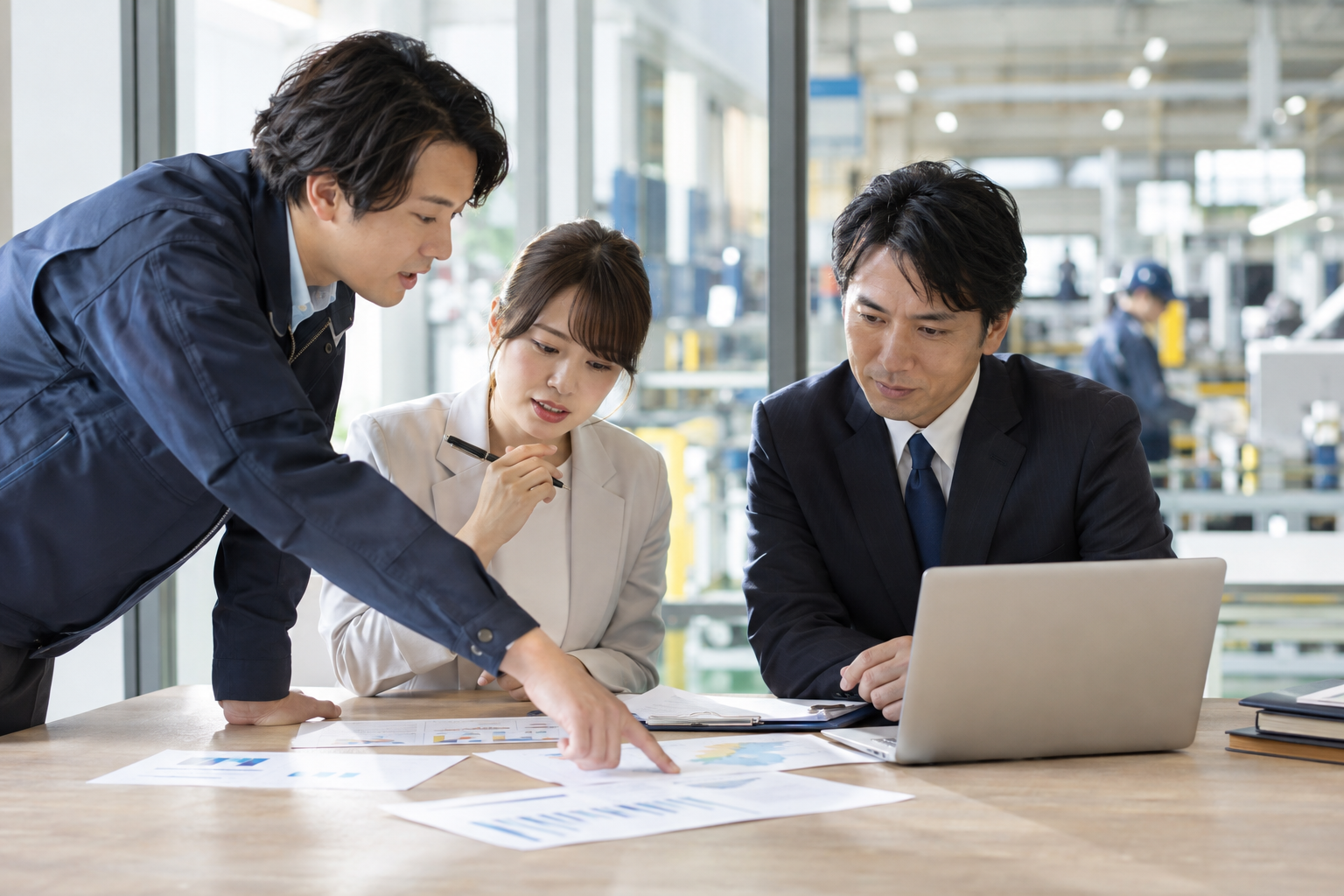 日本の職場で三人の担当者が資料を囲み業務改善を検討している様子