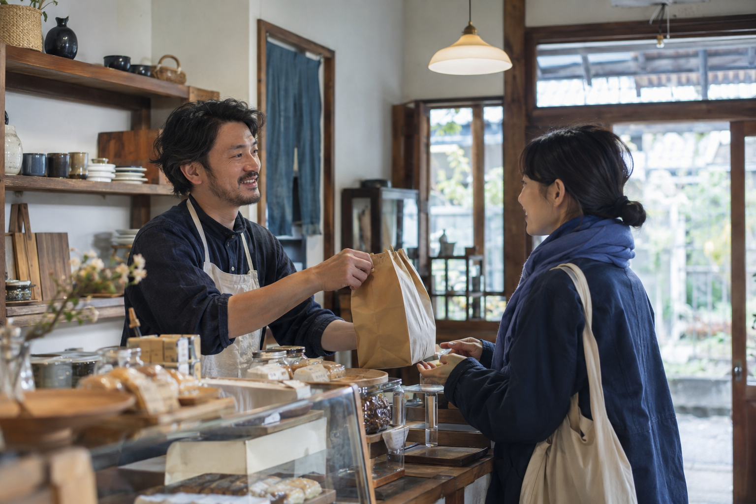 地域の小さな店で店主と来店客が商品を手渡している様子