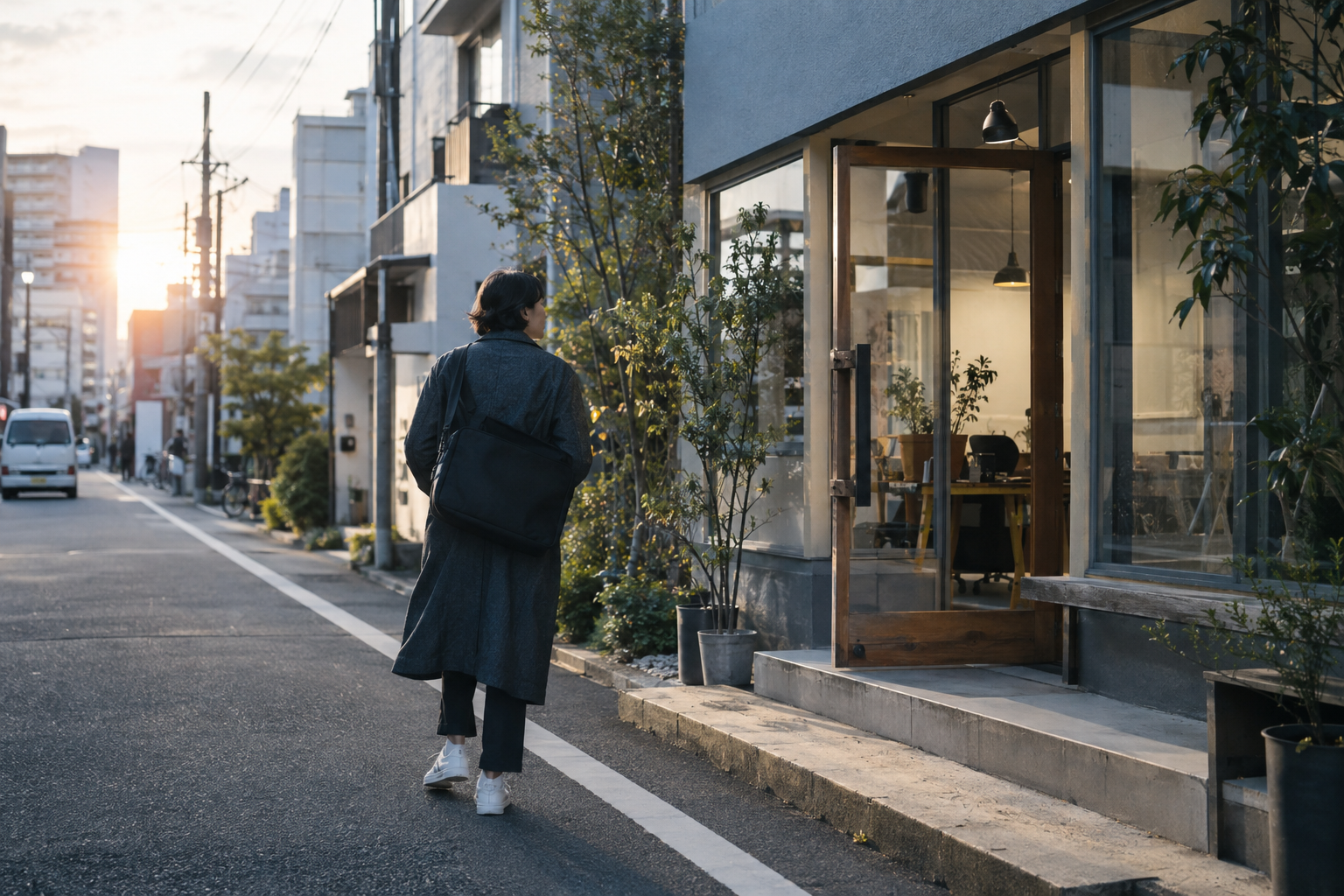 名古屋の街で仕事へ向かう人が地域の店先を歩いている様子